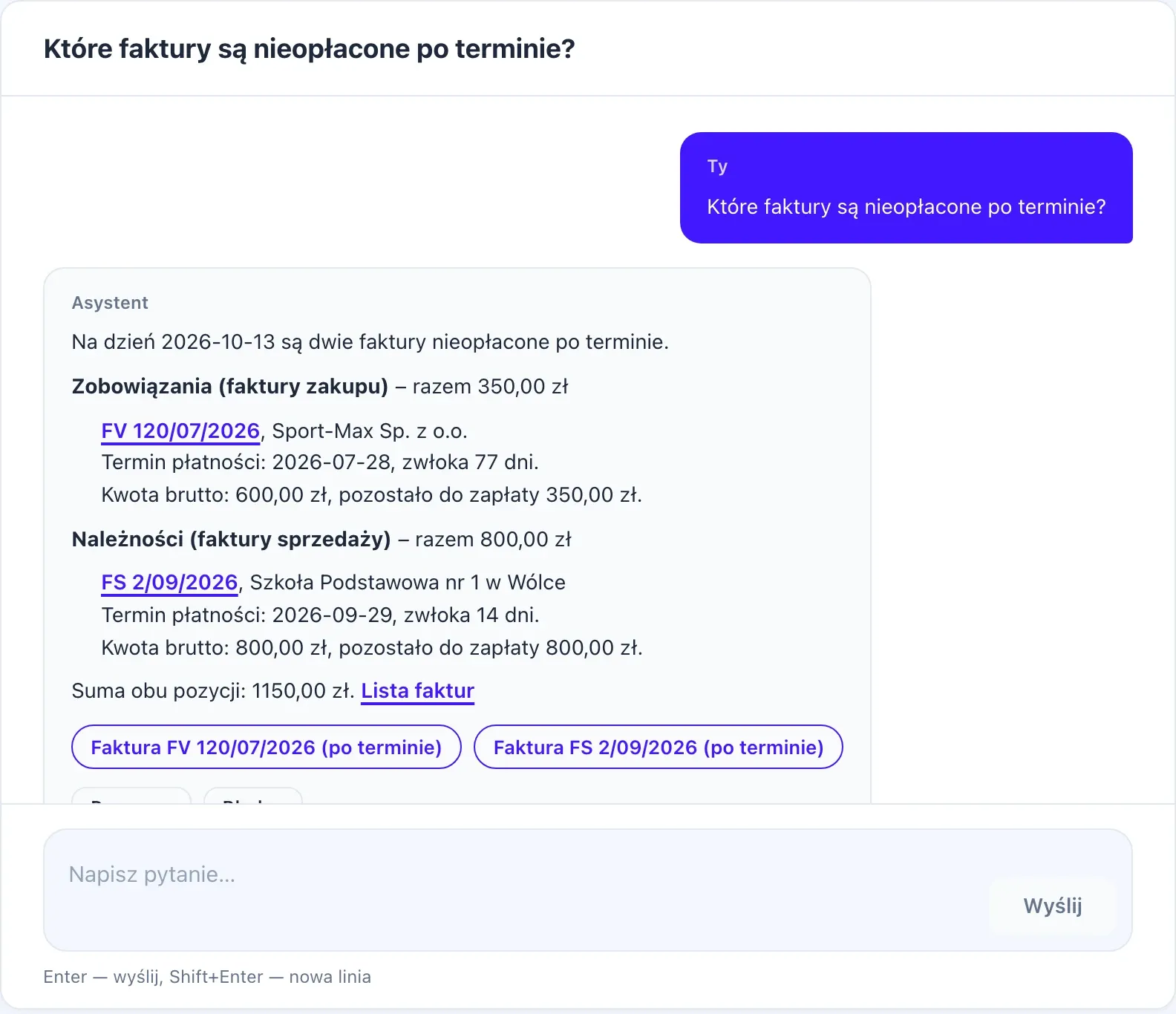 Asystent AI odpowiada na pytanie o faktury nieopłacone po terminie, z kwotami, terminami i linkami do faktur